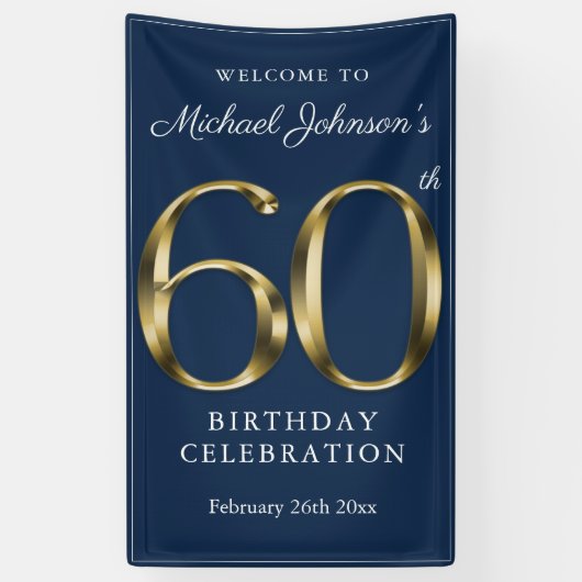 Navy Blue Gold 60th Birthday Party Elegant Welcome Spandoek (Verticaal)
