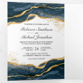 Navy Blue Gold Abstract Ink QR Code Weddenschap Drieluik Uitnodiging (Binnenzijde eerst)