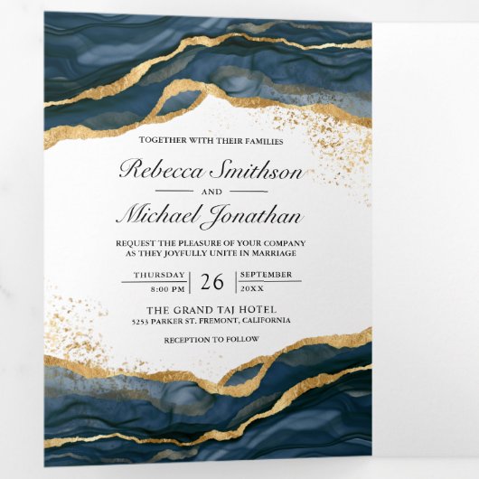 Navy Blue Gold Abstract Ink QR Code Weddenschap Drieluik Uitnodiging (Binnenzijde eerst)