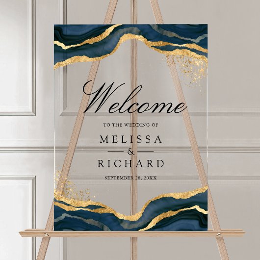 Navy Blue Gold Abstract Ink Wedding Welcome