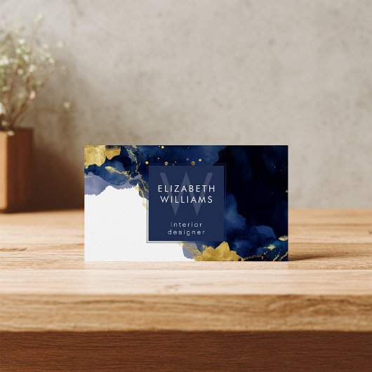 Navy Blue Gold Abstract Monogram Business Card Visitekaartje