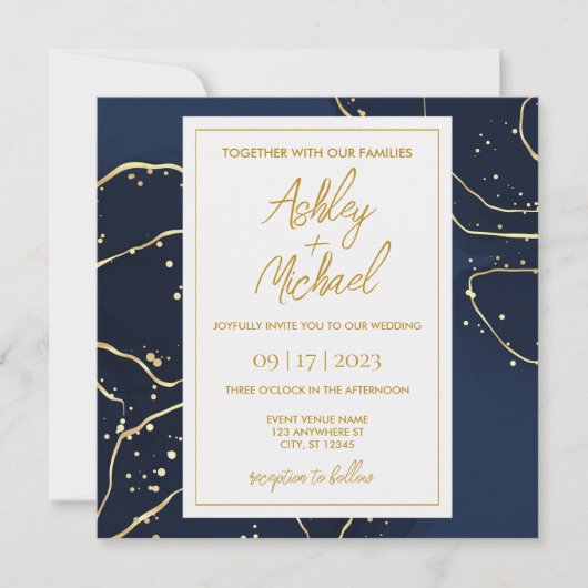 Navy Blue Gold Abstracte marmer Wedding Invitation Kaart (Voorkant)