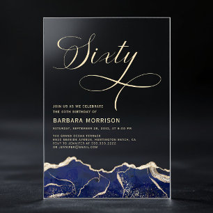 Navy Blue Gold Agaat 60e Zestig Verjaardagsfeest Acryl Uitnodigingen