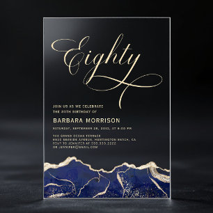 Navy Blue Gold Agaat 80e 80 verjaardagsfeest Acryl Uitnodigingen