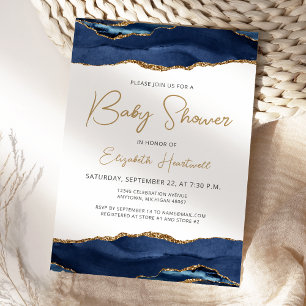 Navy Blue Gold Agaat Baby shower uitnodiging