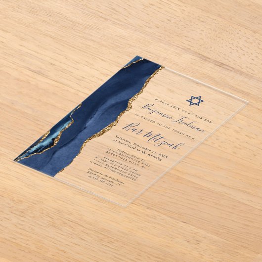 Navy Blue Gold Agaat Bar Mitswa Acryl Uitnodigingen (Laagn)