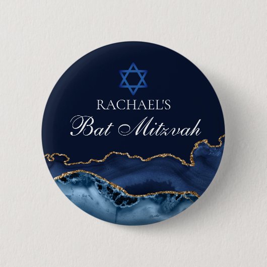 Navy Blue Gold Agaat Custom Bat Mitzvah Party Ronde Button 5,7 Cm (Voorkant)