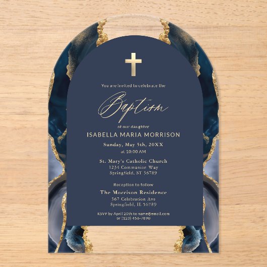 Navy Blue Gold Agaat Doop Modern Elegant Acryl Uitnodigingen (Voorkant)
