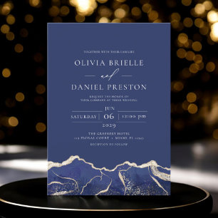 Navy Blue Gold Agaat Elegant Modern Wedding Kaart