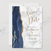 Navy Blue Gold Agaat Marmer Save the Date Kaart (Voorkant)