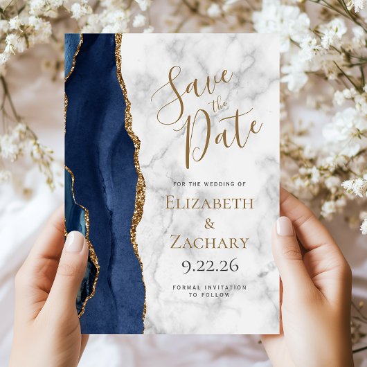 Navy Blue Gold Agaat Marmer Save the Date Kaart