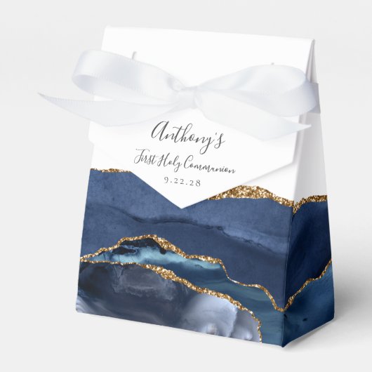 Navy Blue Gold Agaat Script Eerste Communie Bedankdoosjes (Voorkant Zijde)