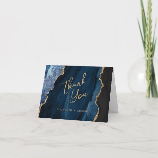 Navy Blue Gold Agaat Script Wedding Bedankt Kaart (Voorkant)