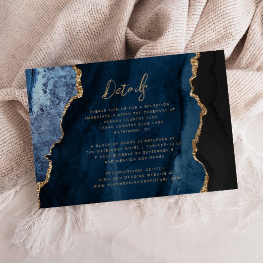 Navy Blue Gold Agaat Script Wedding Details Informatiekaartje