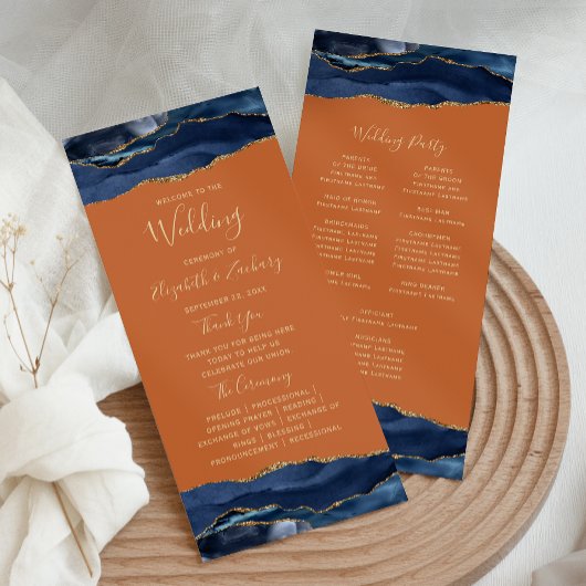 Navy Blue Gold Agaat verbrande Sinaasappel bruilof Programma