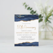 Navy Blue Gold Agate 50th Anniversary Invitation Briefkaart (Staand voorkant)
