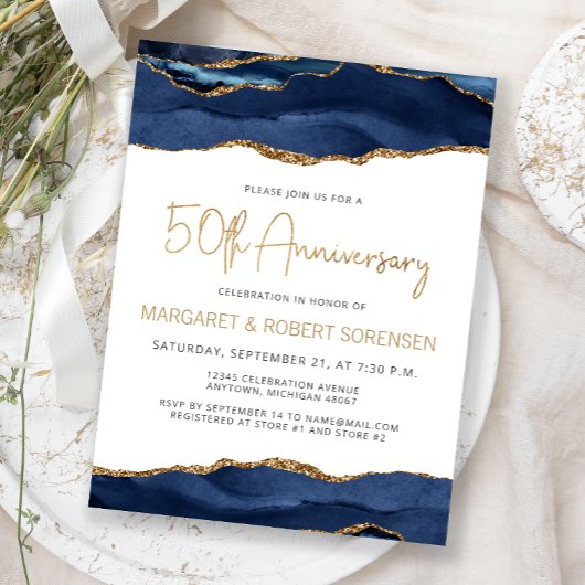 Navy Blue Gold Agate 50th Anniversary Invitation Briefkaart