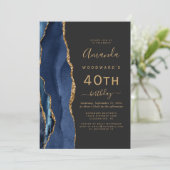 Navy Blue Gold Agate Dark 40th Birthday Party Kaart (Staand voorkant)