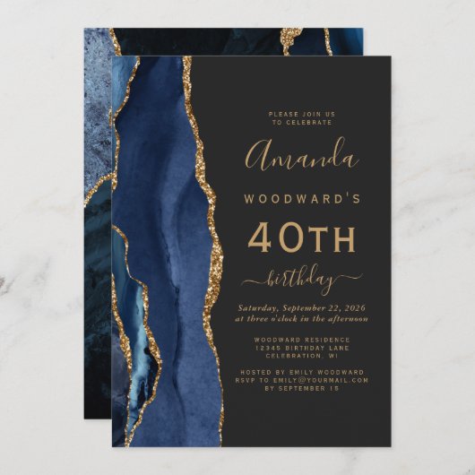 Navy Blue Gold Agate Dark 40th Birthday Party Kaart (Voorkant / Achterkant)