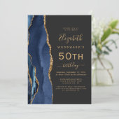 Navy Blue Gold Agate Dark 50th Birthday Party Kaart (Staand voorkant)