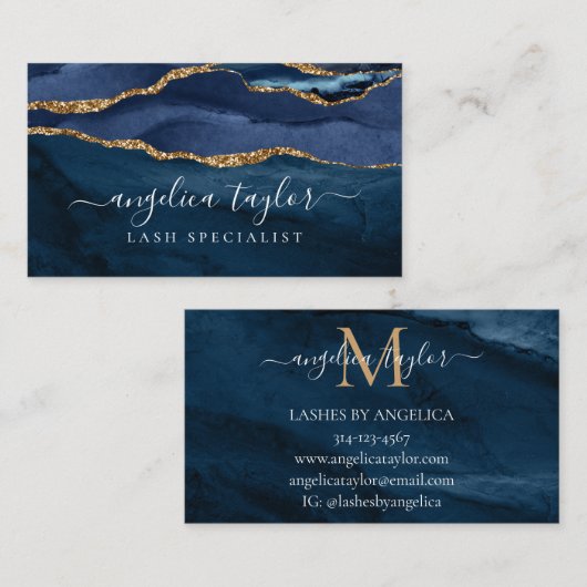 Navy Blue Gold Agate Geode Monogram Elegant Script Visitekaartje (Voorkant / Achterkant)