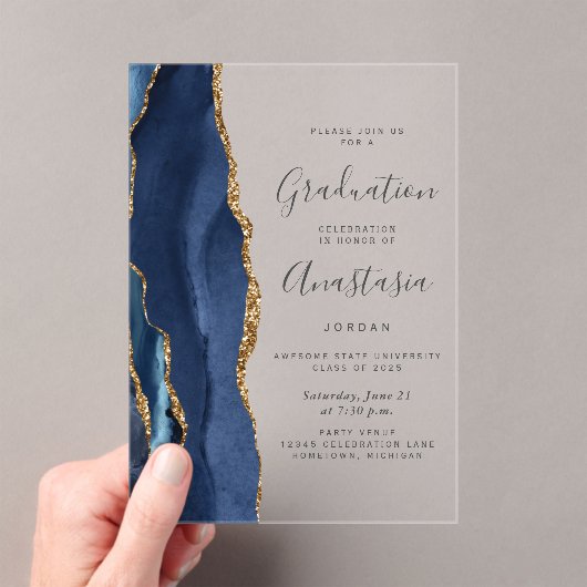 Navy Blue Gold Agate Grey Text Afstuderen Acryl Uitnodigingen (Insitu (Draagbaar))