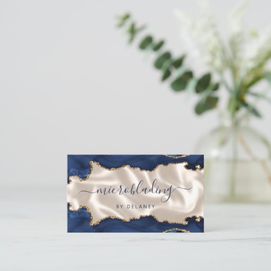 Navy Blue Gold Agate Ivory Luxury Microblading Visitekaartje (Staand voorkant)