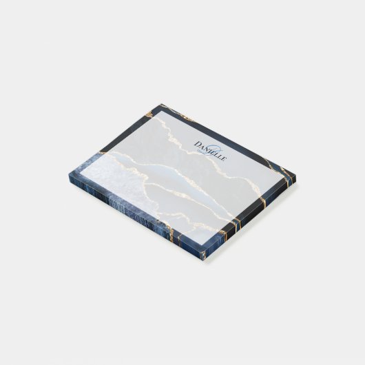 Navy Blue Gold Agate Marble Modern Monogram Post-it® Notes (Schuin)