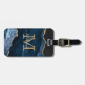 Navy Blue Gold Agate Monogram Name Script Initiaal Bagagelabel (Voorkant horizontaal)