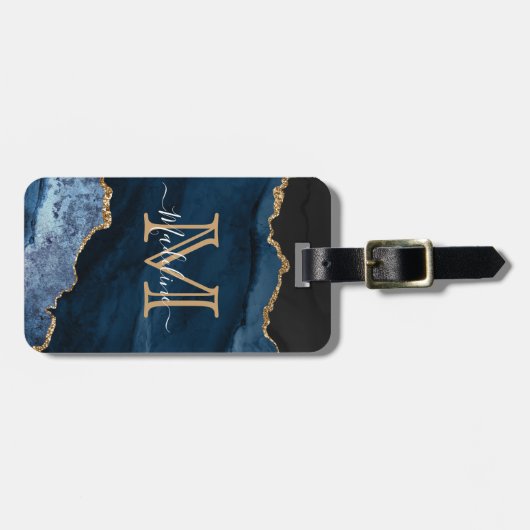 Navy Blue Gold Agate Monogram Name Script Initiaal Bagagelabel (Voorkant horizontaal)