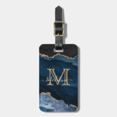 Navy Blue Gold Agate Monogram Name Script Initiaal Bagagelabel (Voorkant verticaal)