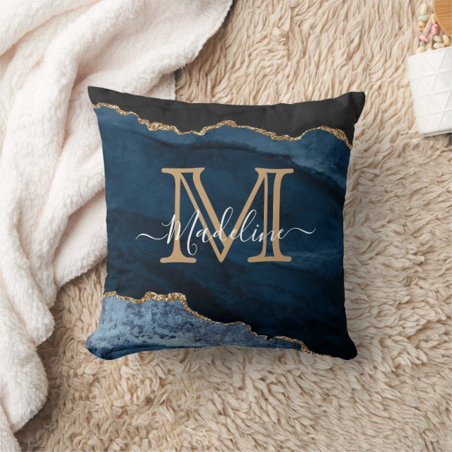 Navy Blue Gold Agate Monogram Name Script Initiaal Kussen (Deken)