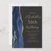 Navy Blue Gold Agate Slate Script 50th Birthday Kaart (Voorkant)