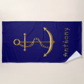Navy blue gold anchor name strandlaken (Voorkant)