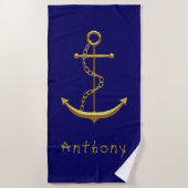 Navy blue gold anchor name strandlaken (Voorkant)