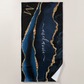 Navy Blue Gold Beach Handdoek met aangepaste naam  (Voorkant)