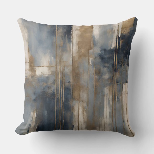 Navy Blue Gold Beige Abstracte Waterverf Kussen (Voorkant)