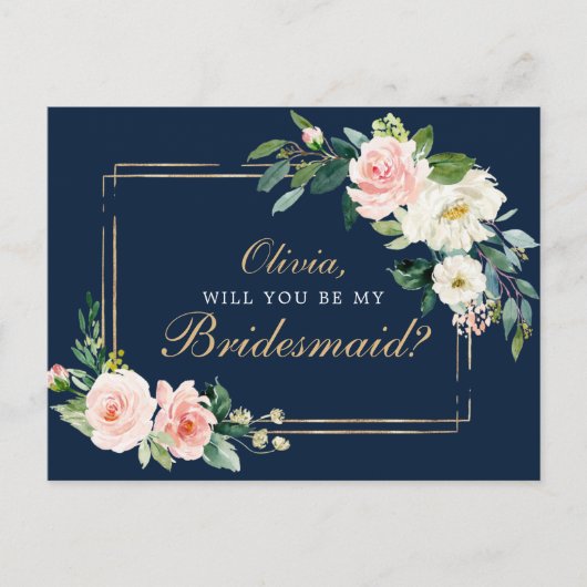 Navy Blue Gold Blush Bridesmaid proposal Kaart (Voorkant)