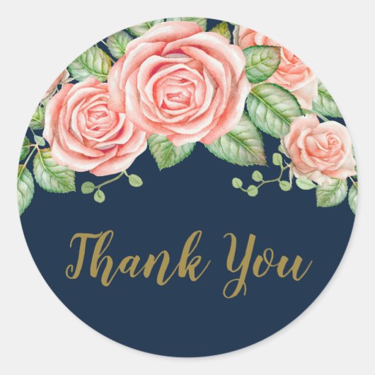 Navy Blue Gold Blush Floral bedankt Ronde Sticker (Voorkant)