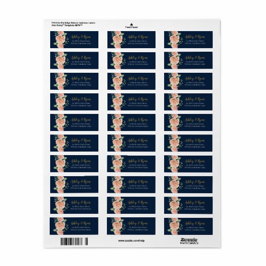 Navy Blue Gold Blush Floral Weddenschap Label (Full Sheet)