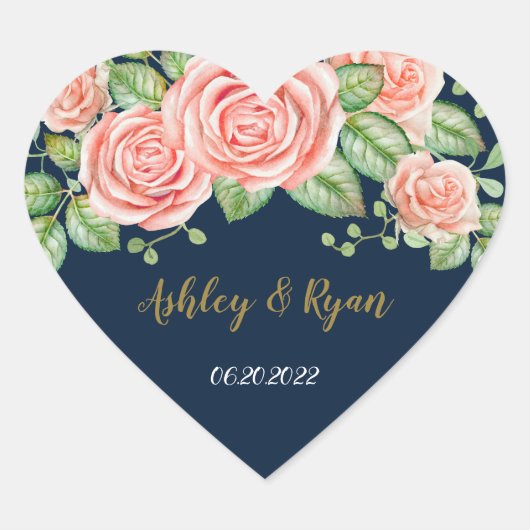 Navy Blue Gold Blush Floral Wedding Hart Sticker (Voorkant)