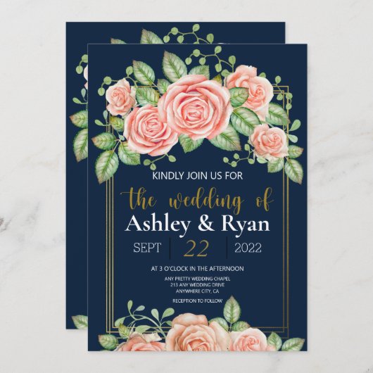 Navy Blue Gold Blush Floral Wedding Invitation (Voorkant / Achterkant)