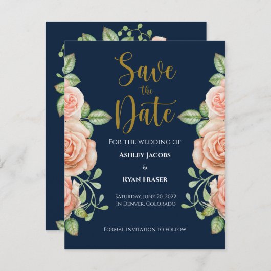 Navy Blue Gold Blush Floral Wedding Save the Date (Voorkant / Achterkant)