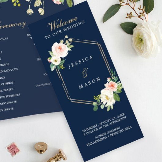 Navy Blue Gold Blush Folded Wedding Program Foto Flyer