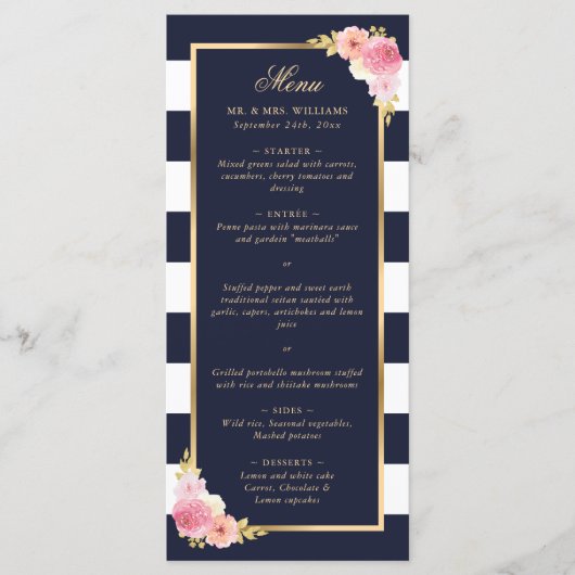 Navy Blue Gold Blush Pink Floral Wedding Menu (Voorkant)