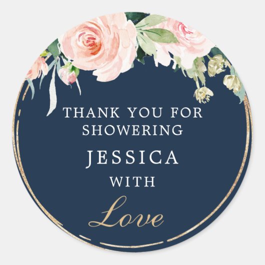 Navy Blue Gold Blush Shower Favor Sticker (Voorkant)