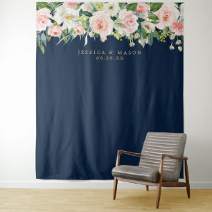 Navy Blue Gold Blush Weddenschap Foto Booth Wandkleed