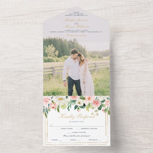 Navy Blue Gold Blush Wedding Invite met foto All In One Uitnodiging (Binnen)
