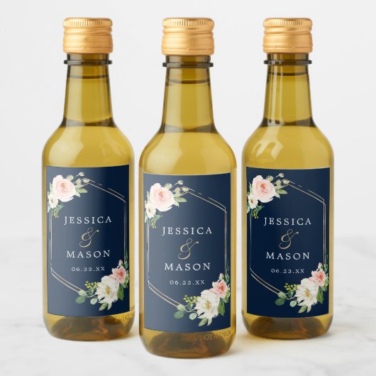Navy Blue Gold Blush Wedding Mini Wine Labels Wijn Etiket (Flessen)