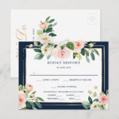 Navy Blue Gold Blush Wedding RSVP Briefkaart (Voorkant / Achterkant)